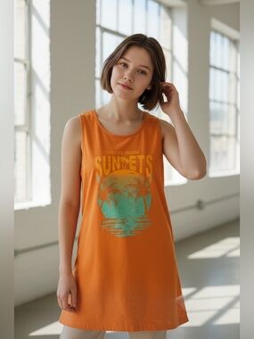 Sunsets Graphic Orange Sleeveless Mini Dress